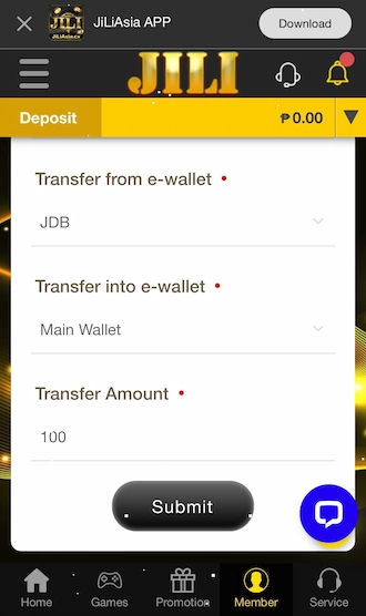 Step 2: Select the lobby you want to transfer the balance to the main wallet and enter the transfer amount.